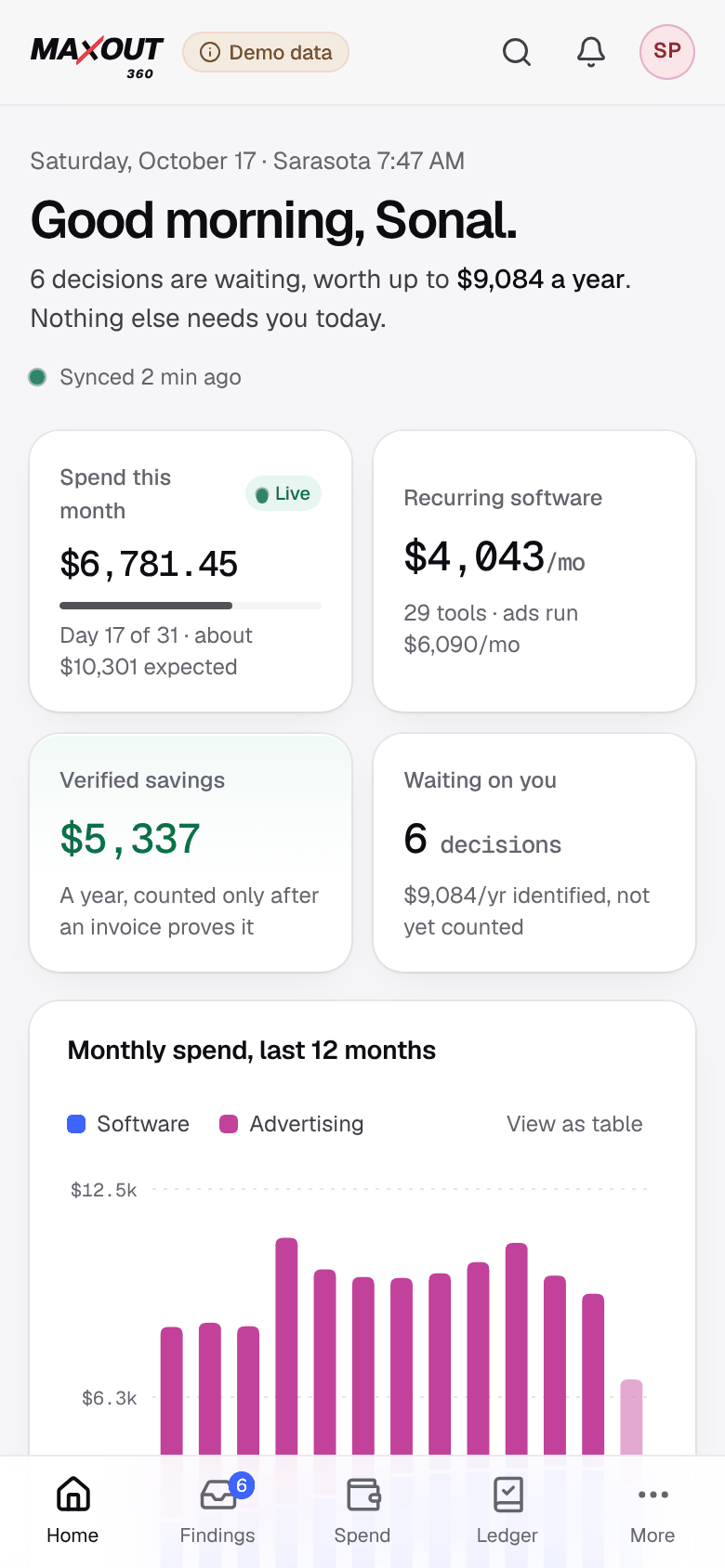 The Outturn app home screen for MaxOut360